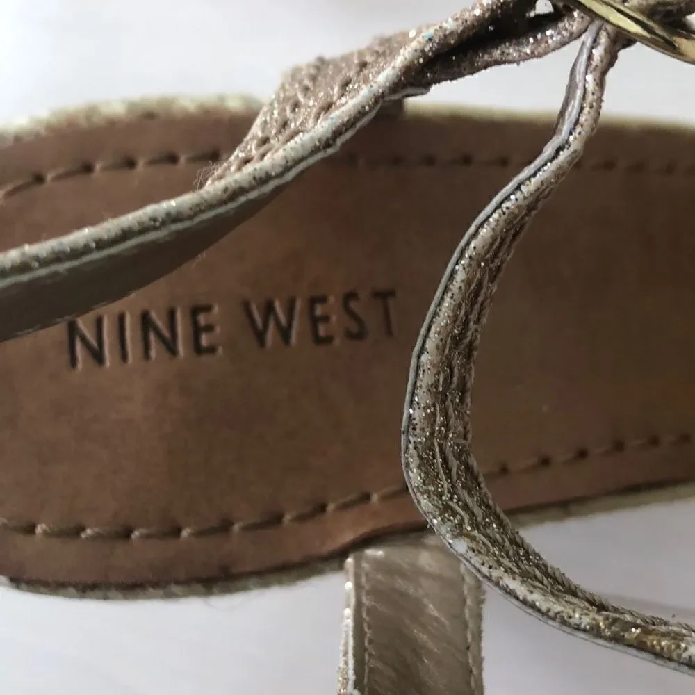 Nine West Women's Gold Sparkly Strappy Wedge Heels Size 9.5
